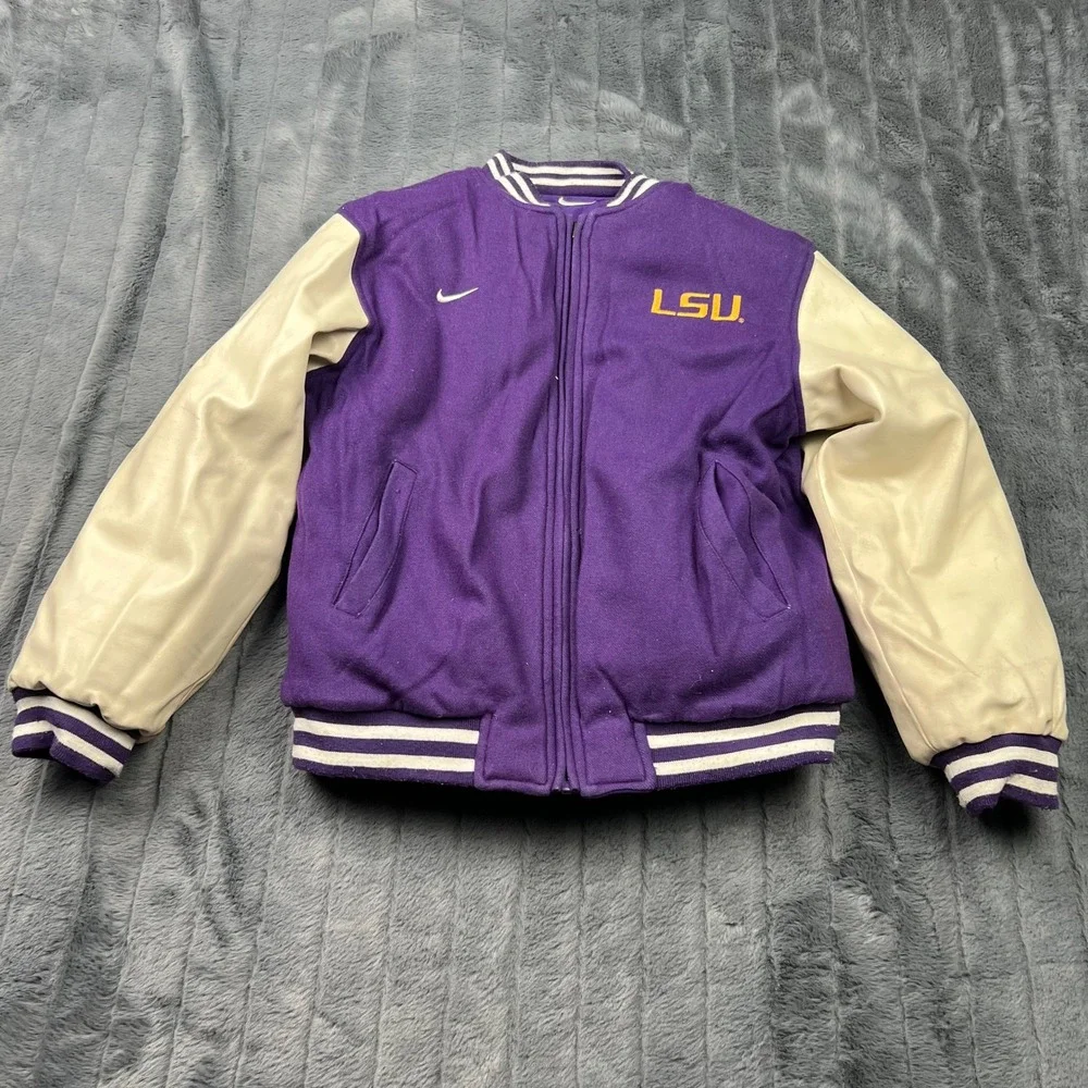 Nike Team LSU Tigers Reversible Varsity Jacket Kids Medium Purple Wool Bomber